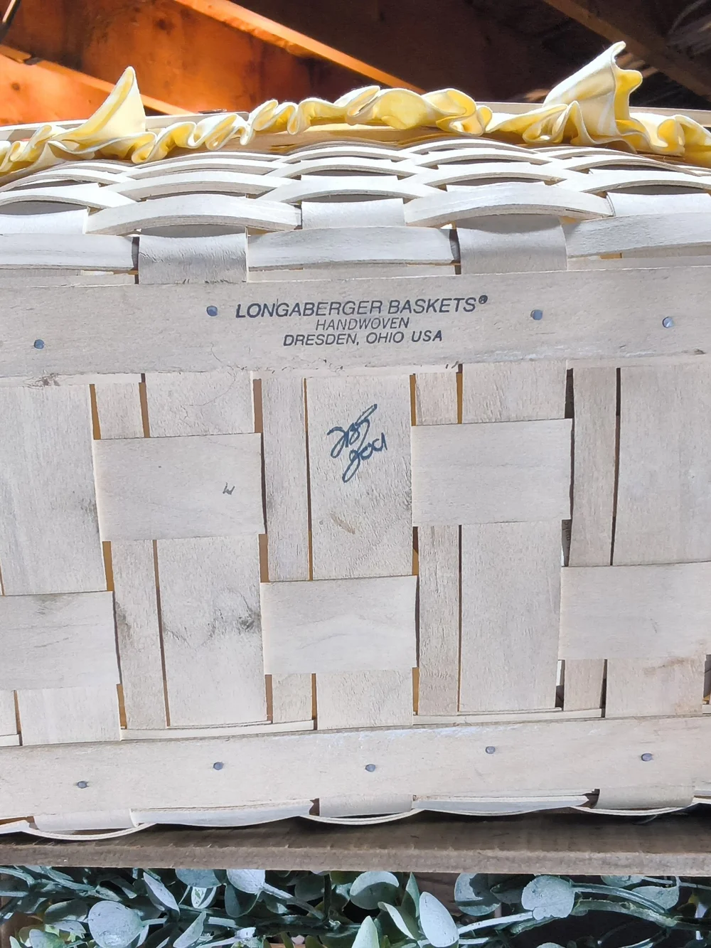 Longaberger White Woven Basket with Yellow Ruffled Liner